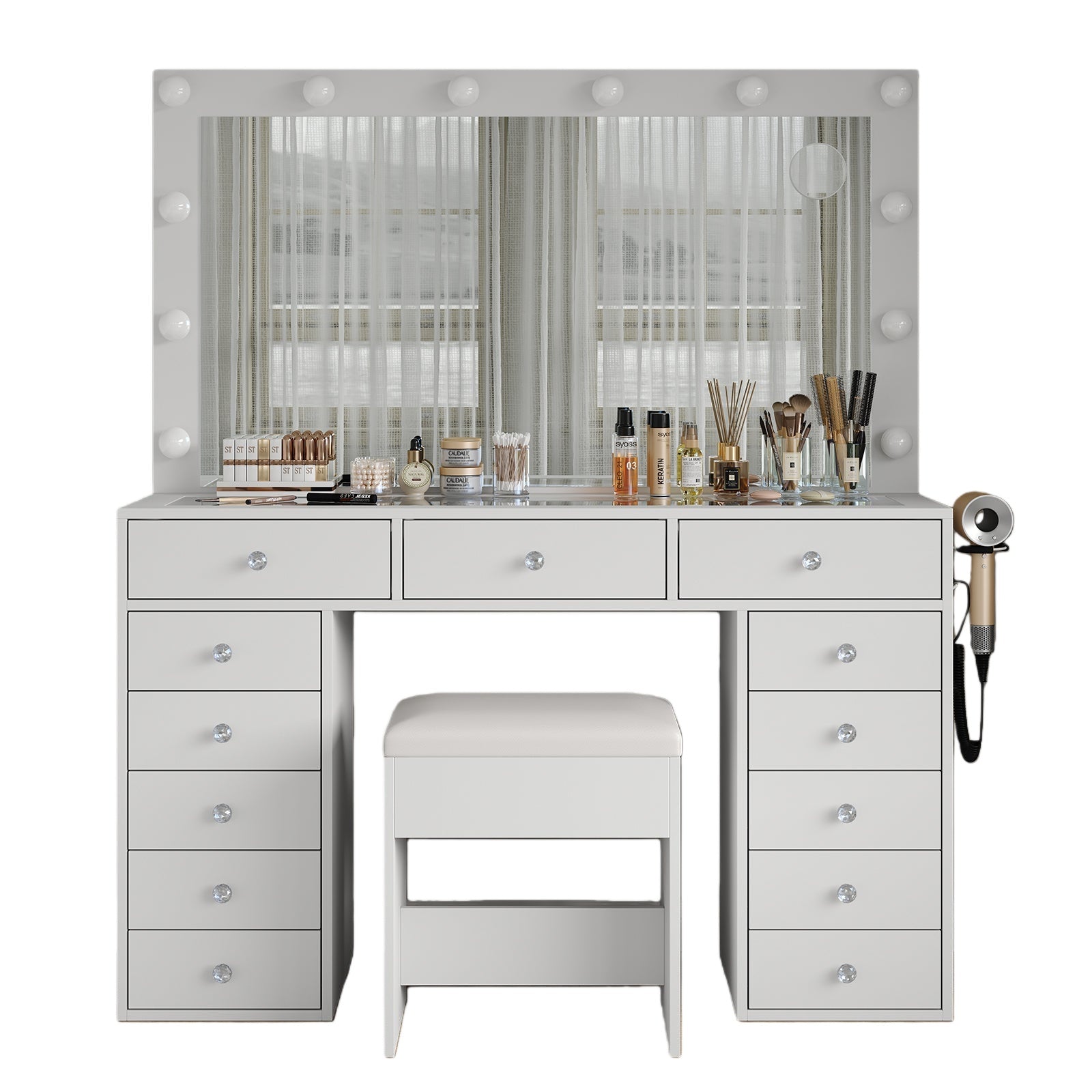 Vektaya US-VD018 Bedroom Makeup Vanity desk with LED Mirror, 13 Drawers