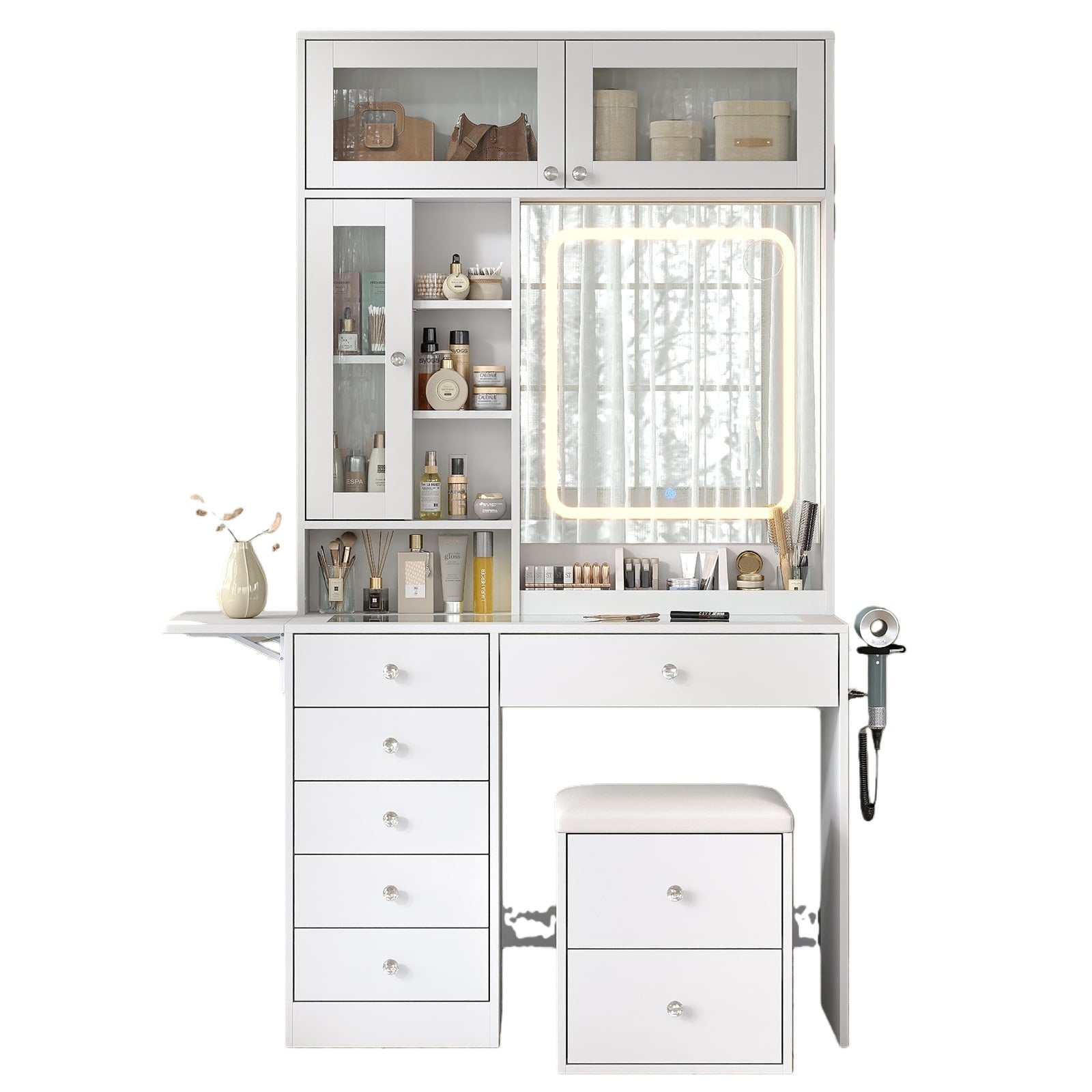 Vektaya US-VD022 Vanity Desk with Mirror, Lights, Drawers, Stool, White-0