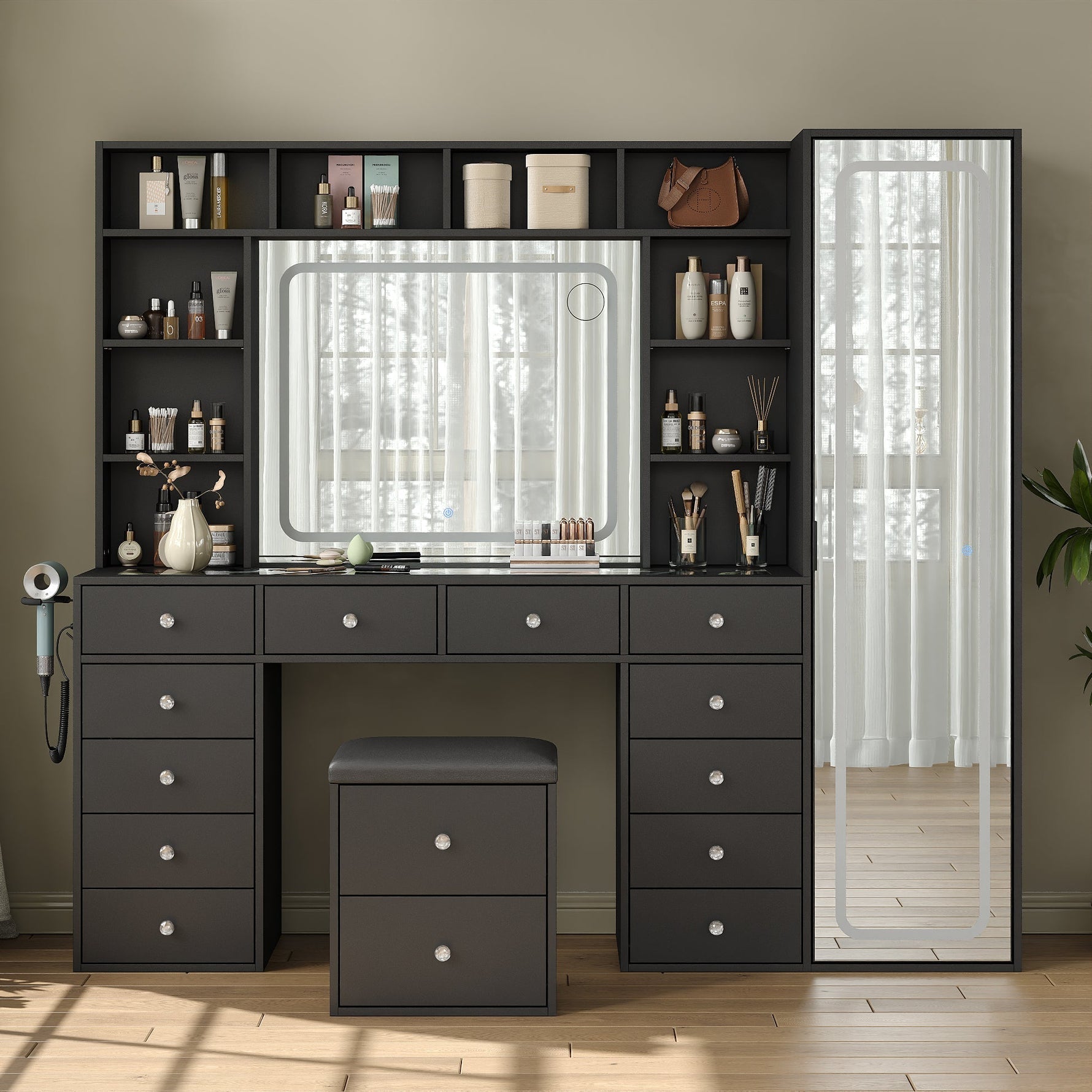 Vektaya US-VD023 Vanity Desk with LED & Full-Length Mirror, 14 Drawers, 10 Shelves, White