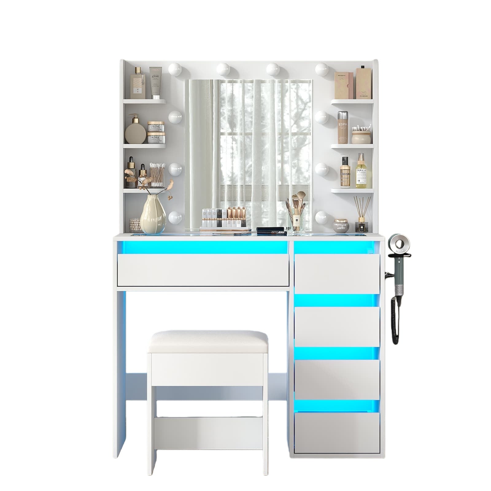 Vektaya US-VD025 Vanity Table with Mirror, 3 Lighting Modes, 5 Drawers & Glass Top-0