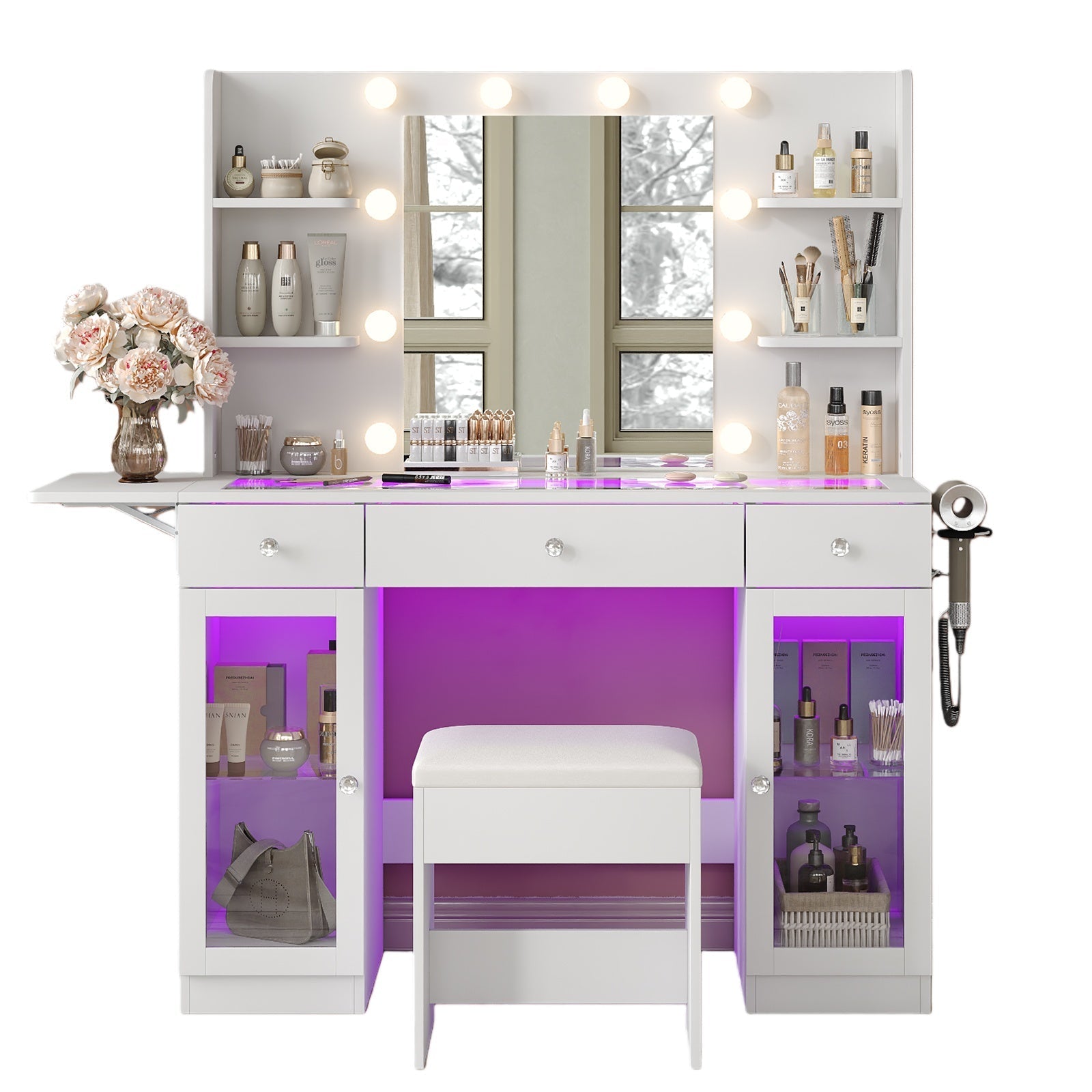 Vektaya US-VD029-WH Vanity Desk with Mirror,Lights, Power Outlet, 3 Drawers,2 Cabinets and Chair, White-0