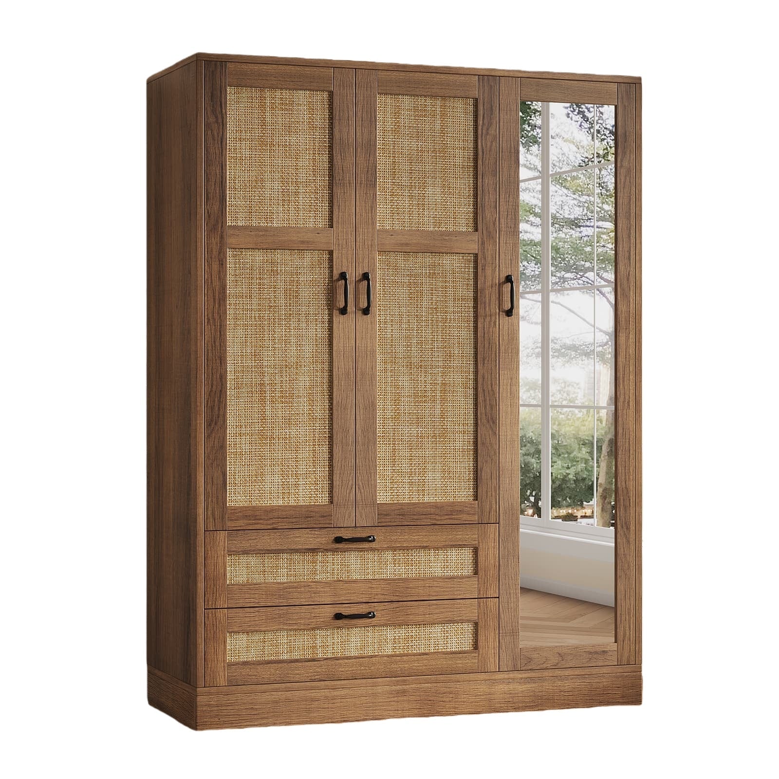 Vektaya US-YG003 Rattan 3-Door Armoire Wardrobe Closet with Full-Length Mirror, Drawers & Hanging Rod for Bedroom-0