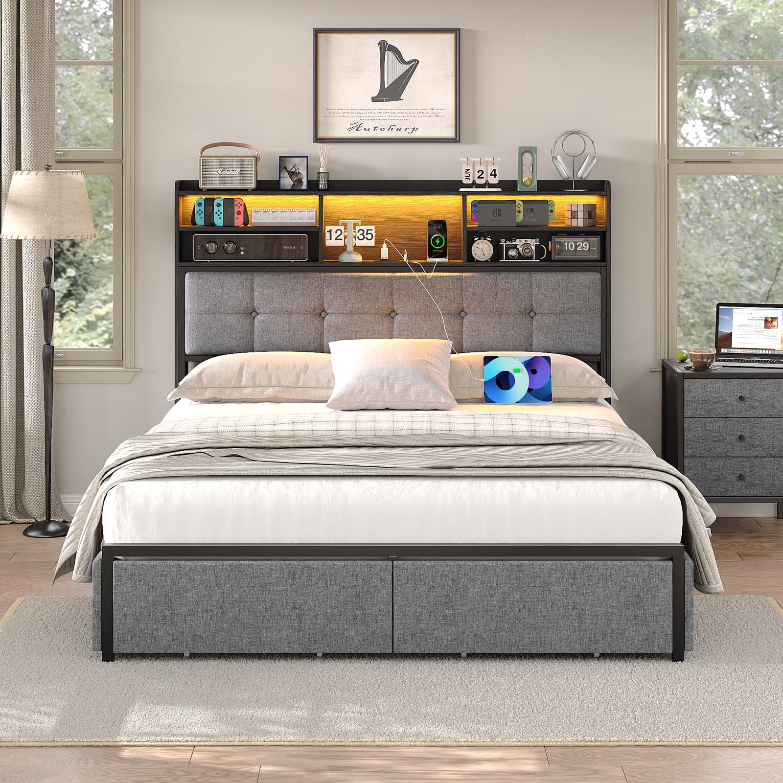 VektayaUS-BF011-BL Full/Queen/King Bed Frame with 6 Drawers, Easy Assembly, USB Charging, LED Headboard, No Box Spring Needed-3