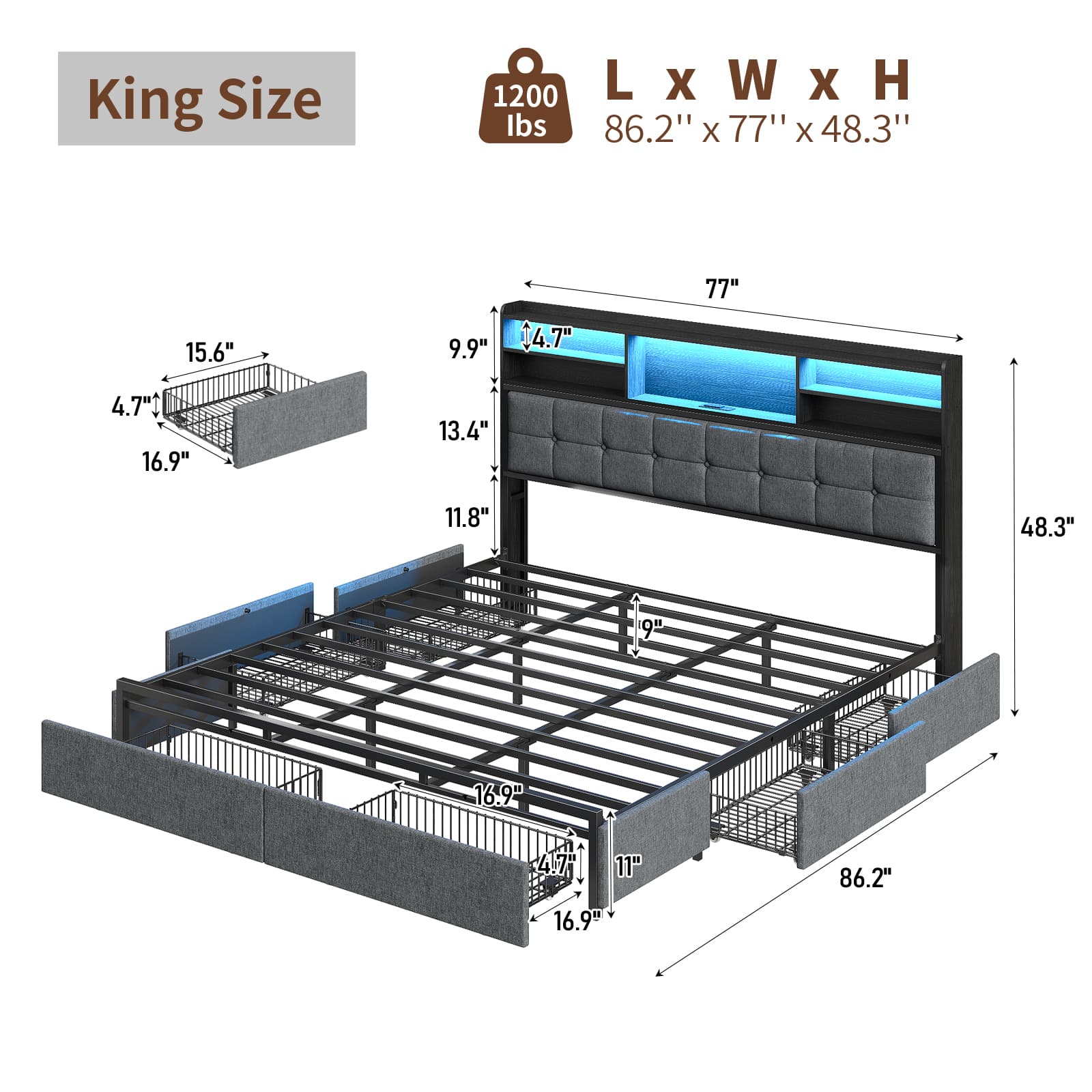 VektayaUS-BF011-BL Full/Queen/King Bed Frame with 6 Drawers, Easy Assembly, USB Charging, LED Headboard, No Box Spring Needed-2