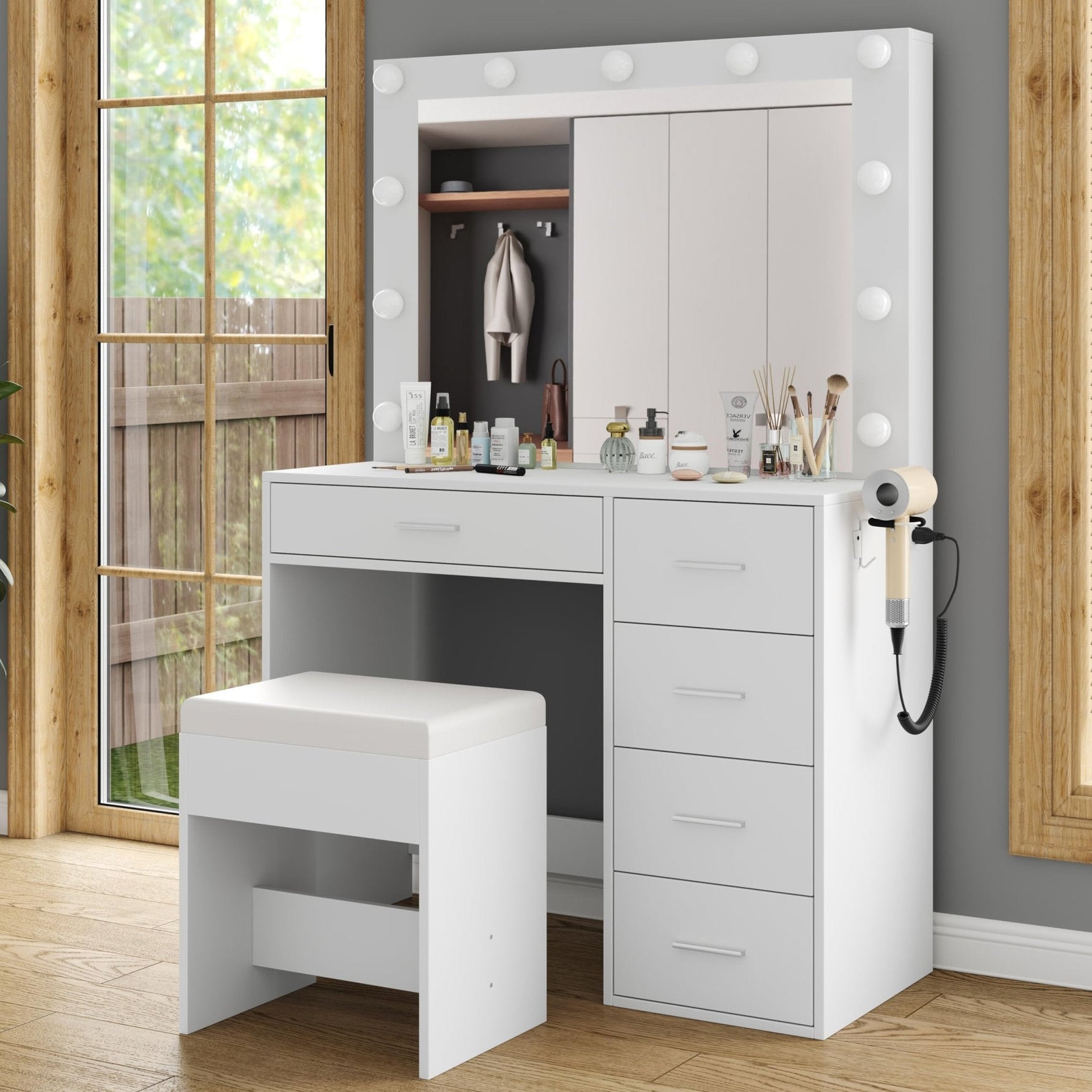 Vektaya  Bedroom Makeup Vanity desk with LED Mirror, 5 Drawers