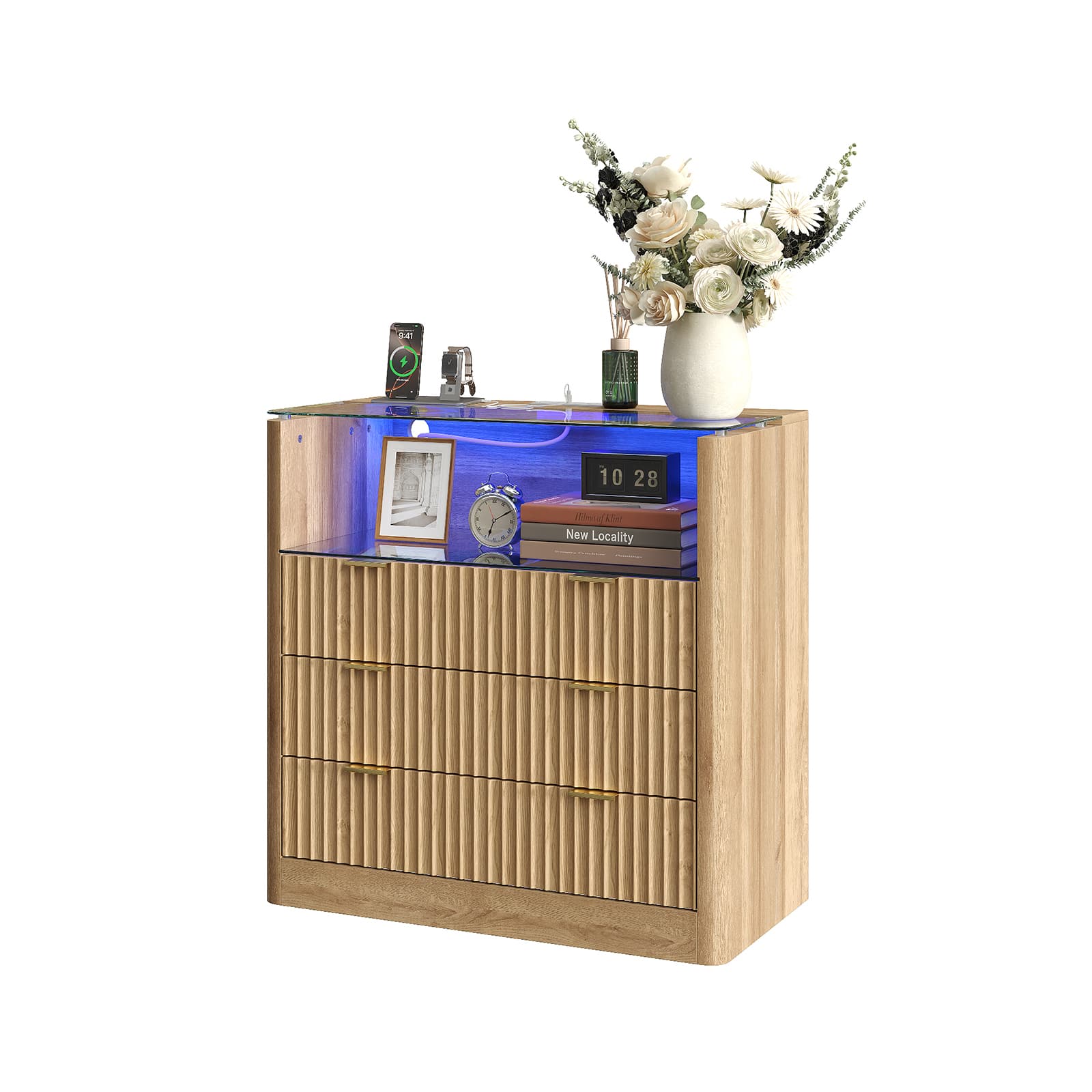 Vektaya US-NS006-NR 31" Nightstand with Charging Station, Fluted LED End Table w/ 3 Drawers, Oak-0