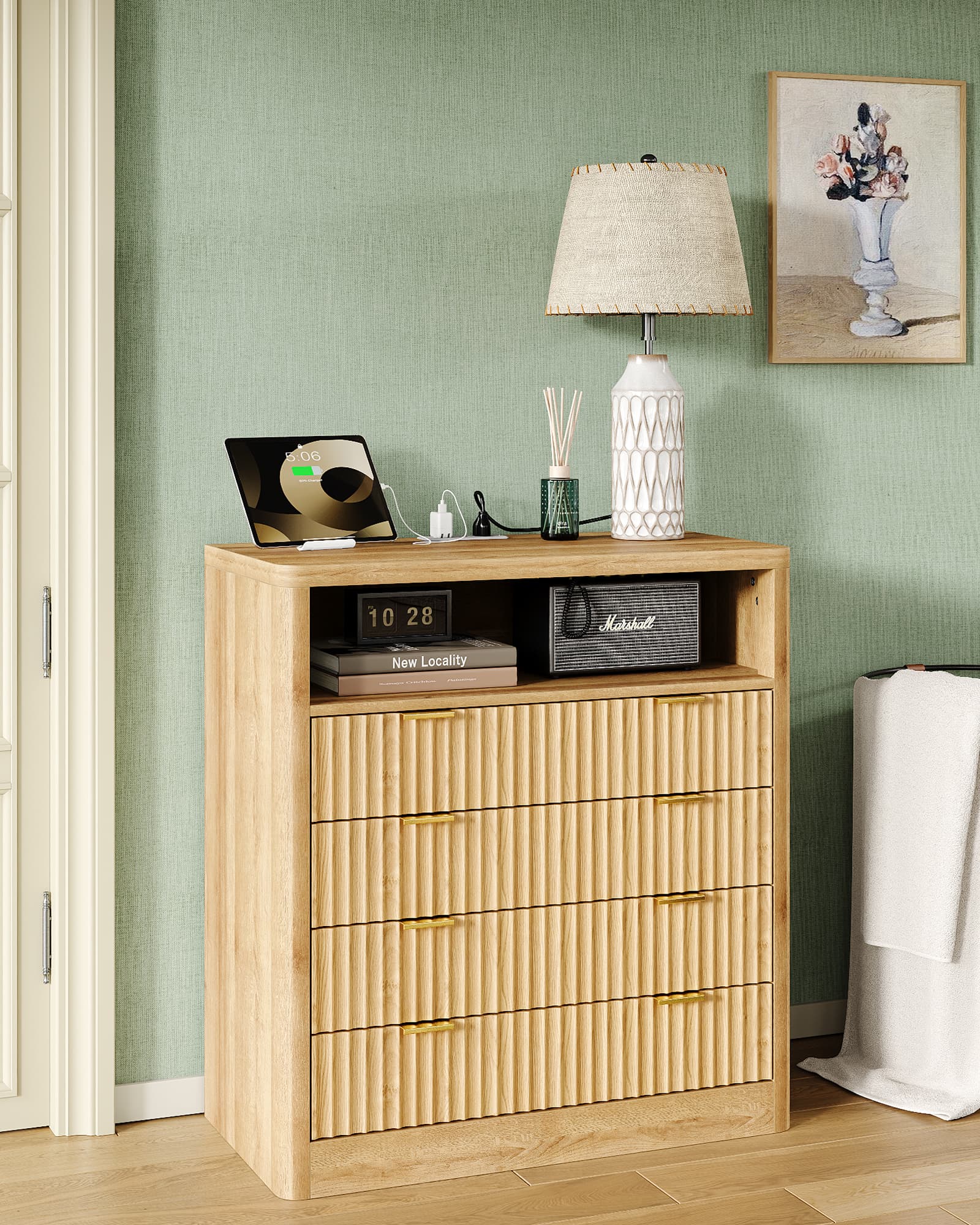 Vektaya US-NS009-NR Fluted Nightstand with LED & Charging Station, 4-Drawer Bedroom Storage, Oak