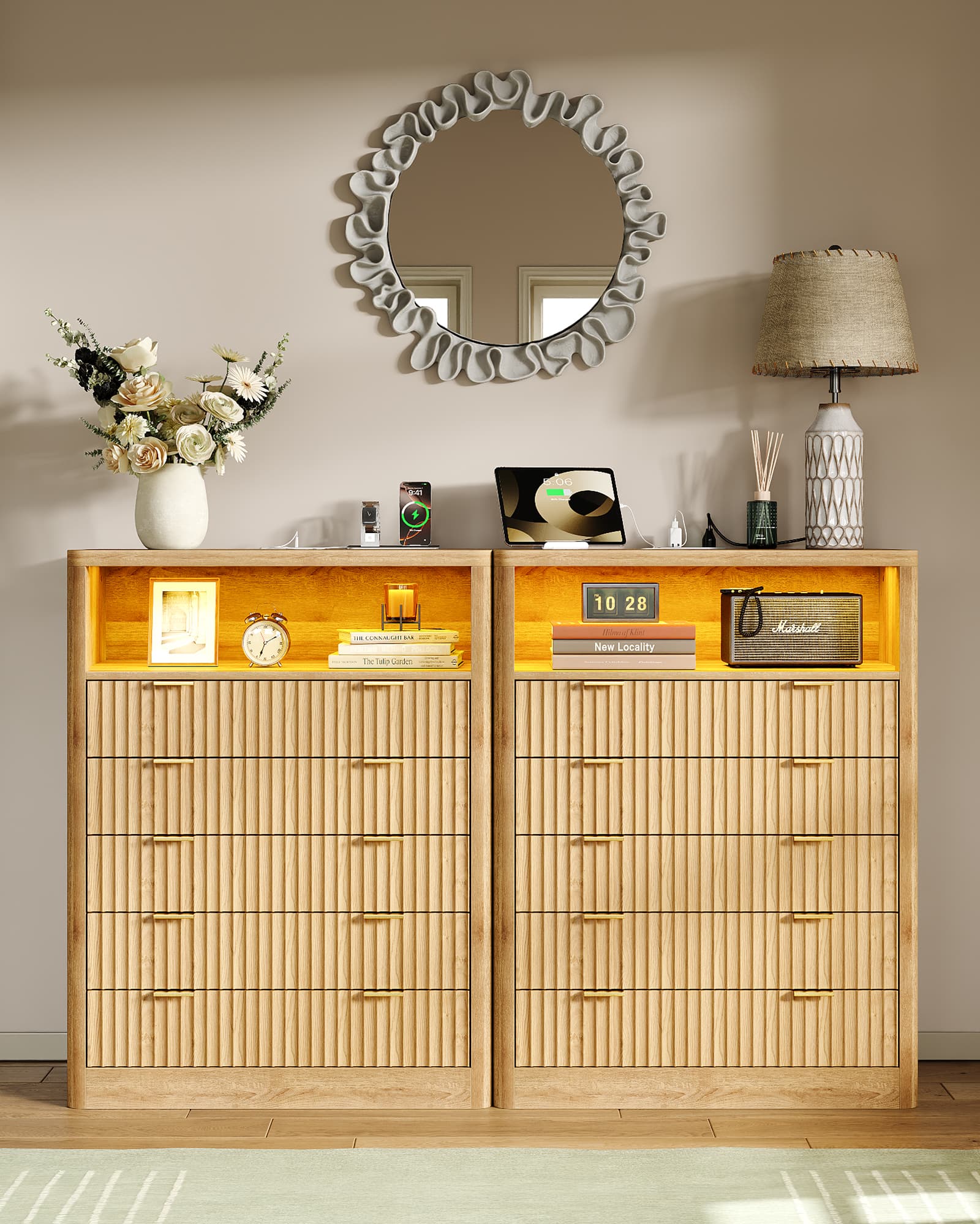 Vektaya US-NS010-NR Fluted Nightstand with LED & Charging Station, 5-Drawer Tall Organizer, Oak