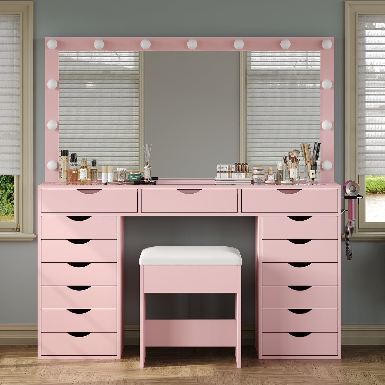 Vektaya US-VD008 Bedroom Makeup Vanity desk with LED Mirro, 15 Drawers-5