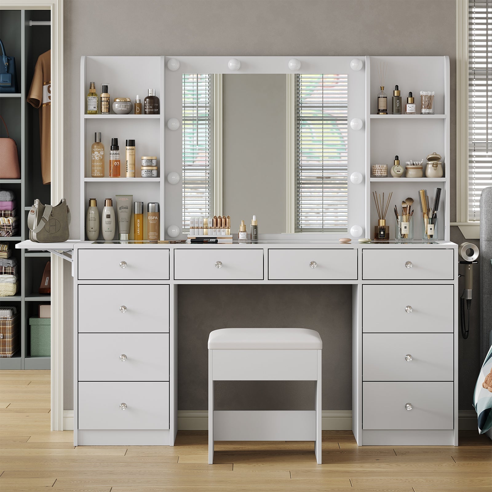 Vektaya  Bedroom Makeup Vanity desk with LED Mirror, 10 Drawers