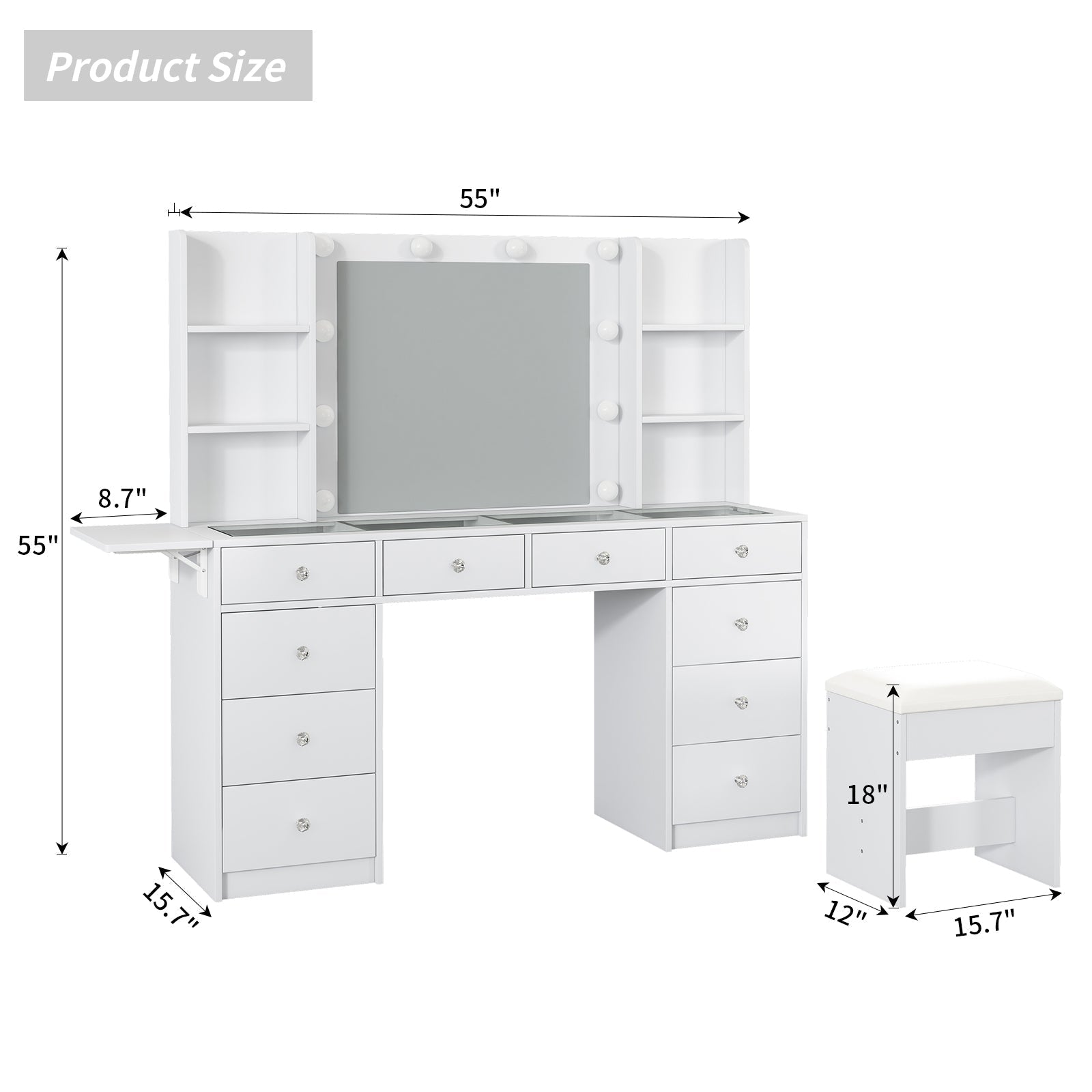 Vektaya  Bedroom Makeup Vanity desk with LED Mirror, 10 Drawers