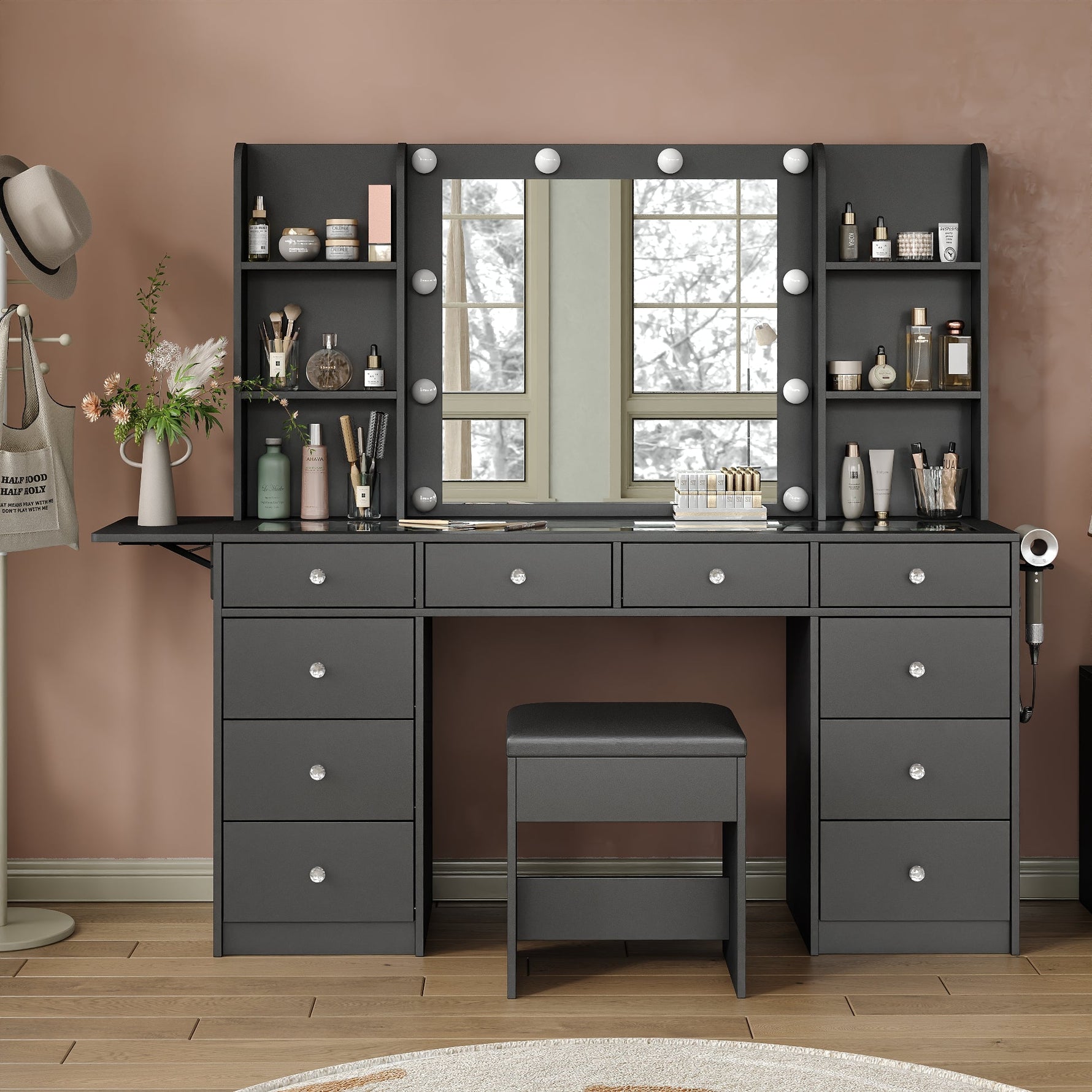 Vektaya  Bedroom Makeup Vanity desk with LED Mirror, 10 Drawers